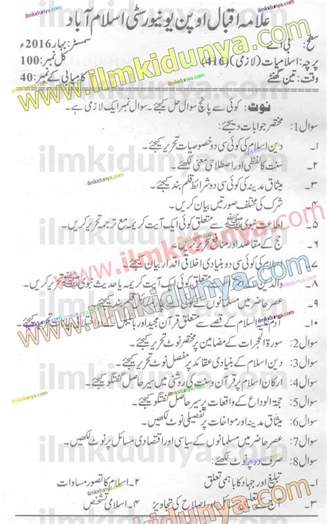 Past Papers 2016 Allama Iqbal Open University Ba Islamiyat 416