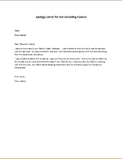 An invite writes an excuse letter for failing to attend an event to the person/ organization inviting them for the specific event, informing them that you are unable to attend the event and the reasons why. Apology Letter for Not Attending Funeral | writeletter2.com
