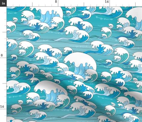 Aqua Blue Ocean Waves Fabric Waves Blue By Thickblackoutline Etsy