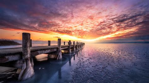 Wood Dock Between Lake Pier Beach During Sunset Hd Nature