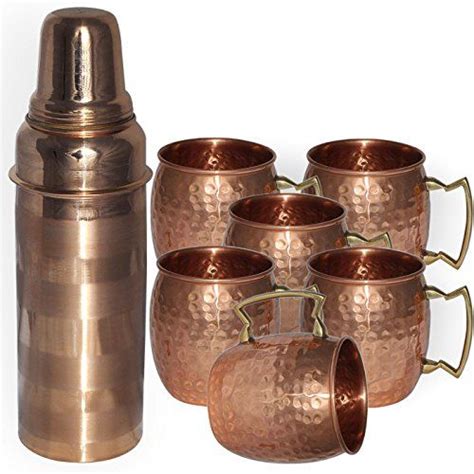 Buy Dakshcraft Copper Silver Touch Bottle And Copper Hammered Moscow Mule Mug Set Of 6 Online At