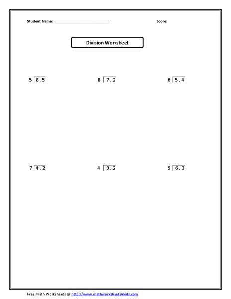 Divide Decimals By Whole Numbers Worksheet For 3rd 5th Grade Lesson