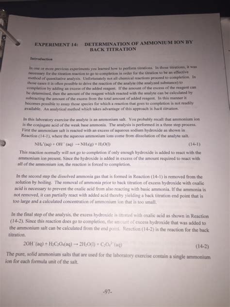 Solved: EXPERIMENT 14: DETERMINATION OF AMMONIUM 1ON BY BA
