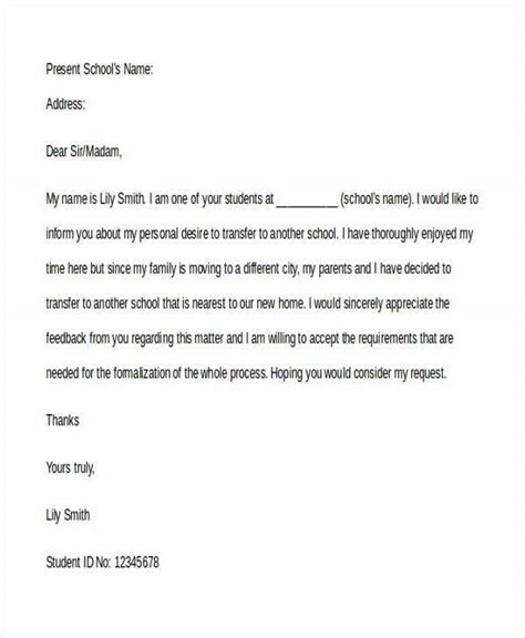 Sample Letter Of Transfer Of School Assignment