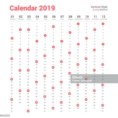 Vertical 2019 Calendar Vector Design On White Background Sunday Weekend