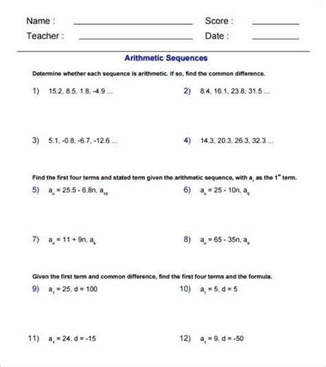 Arithmetic sequences worksheet answer key