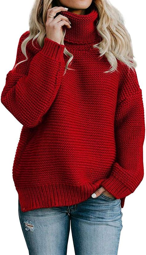 ANFTFH Red Tunic Turtleneck Sweater For Women Winter Chunky Knitted