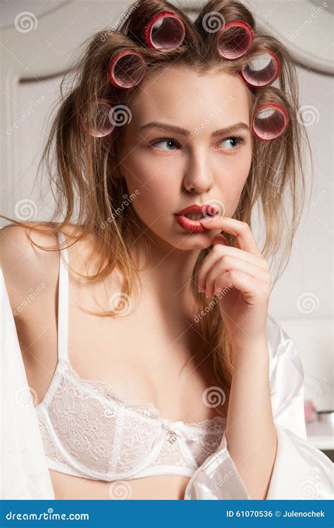 Fashion Photo Of Beautiful Blond Woman With Curler Stock Photo Image