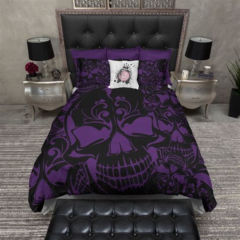 Sugar skull bedding, skull comforter set, personalized duvet cover, colorful skull bedding set, custom order comforter, 92. Purple and Black Collage Skull Bedding | Purple bedding ...