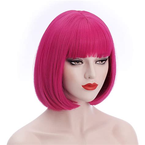 Bopocoko Hot Pink Wigs For Women 12 Short Hot Pink Bob Wig With Bangs Natural