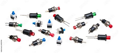 Various Miniature Push Button Switches Isolated On White Panoramic