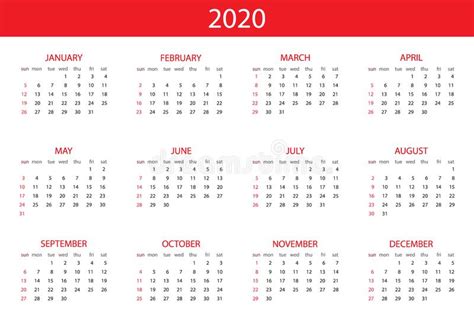 Calendar 2020 Year Simple Design Template Week Starts On Sunday