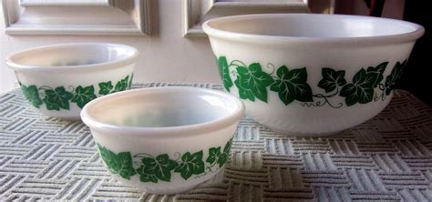 Vintage Hazel Atlas White Milk Glass Green Ivy Mixing Bowls And