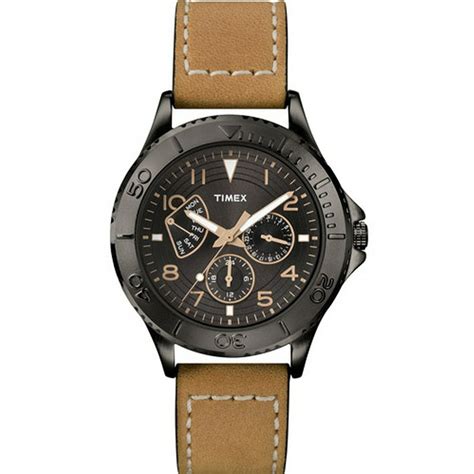 Timex Mens Ameritus Retrograde Black Dial Watch Tan Leather Strap