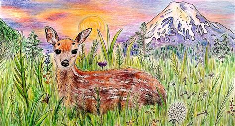 Scenery drawing pastel color landscape historical street wallpaper hand drawn pencil sketch pencil. Original Colored Pencil Drawing Mountain Deer Animal Art