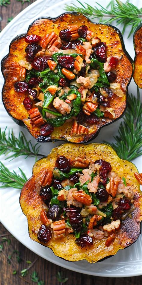 Stuffed Acorn Squash With Sausage Spinach Dried Cranberries And