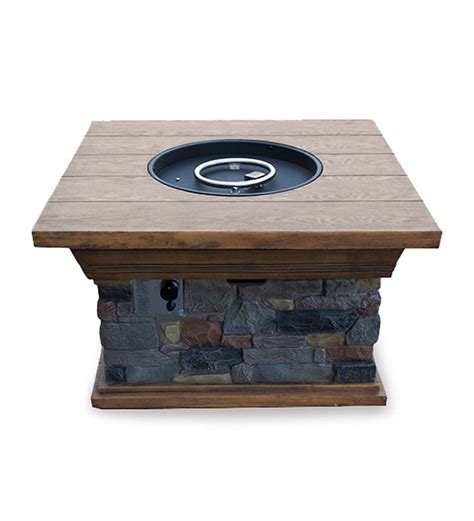 Propane Gas Faux Stone Fire Pit With Wood Top Plowhearth