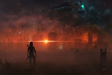 Wallpaper Alien Invasion Fire Destruction Fantasy World Buildings