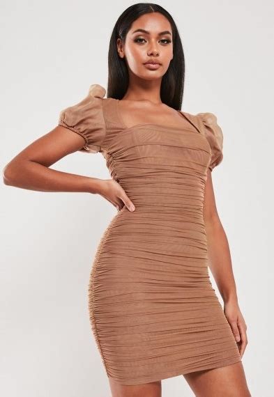 Missguided Taupe Mesh Ruched Puff Sleeve Mini Dress ~ Gathered Bodycon