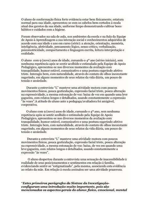 Relatório Comportamental De Aluno Para Psicólogo Educação Infantil