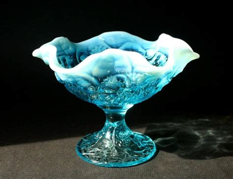 Fenton Aqua Blue Glass Footed Compote Ruffled Edge Compote