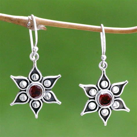 poinsettias silver and garnet flower earrings sterling silver dangle earrings silver garnet