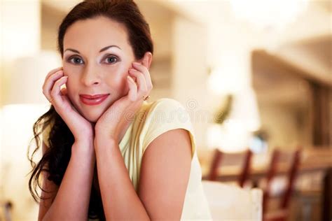 Young Brunette Woman Indoors Stock Image Image Of Laughing Young