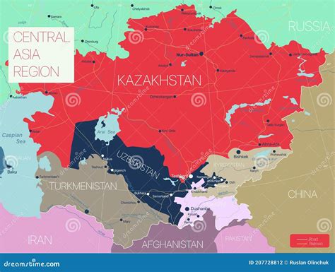Central Asia Map Bright Color Scheme High Detailed Political Map