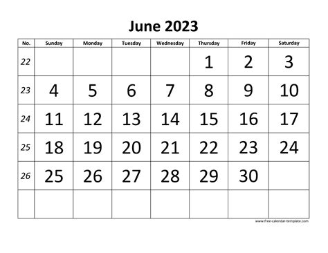 June 2023 Calendar Designed With Large Font Horizontal Free