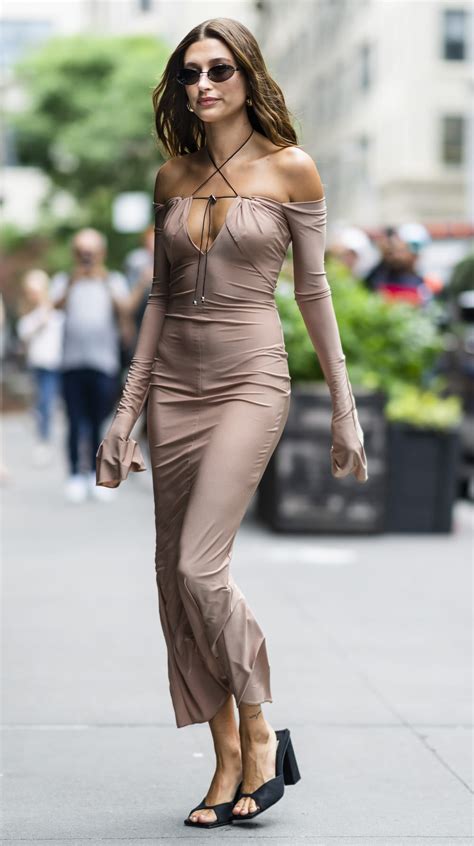 Hailey Baldwin Bieber Street Style In Nude Midi Dress In New York City