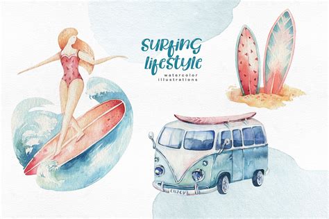 watercolor surfing digital clip art ocean surfers sea etsy