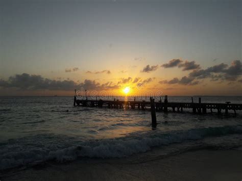 Ocean Sunset From Wooden Dock Isla Mujeres Cancun Quintana Roo Mexico Travel Tourism Sky Sea
