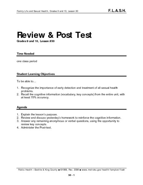 Review And Post Test Sex Ed Lesson Plan For 9th 10th Grade Lesson