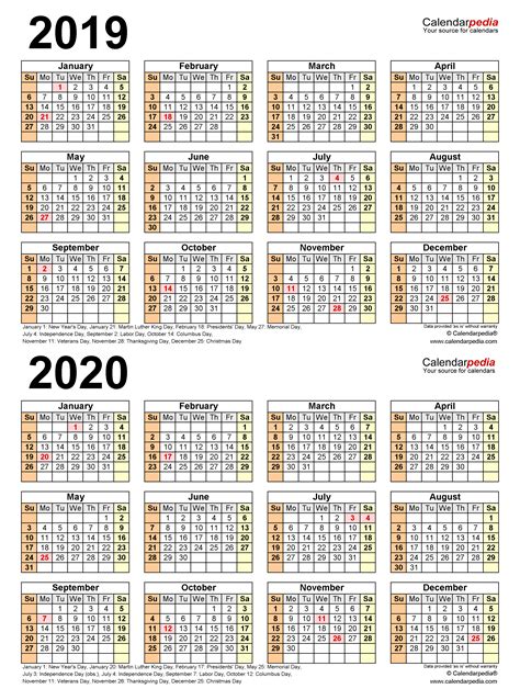 2019 2020 Two Year Calendar Free Printable Pdf Templates
