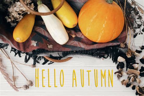 Hello Autumn Hand Written Text On Background Of Pumpkin Autumn Leaves