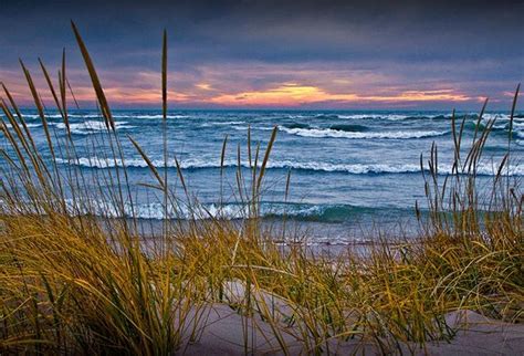 Beach Sunset Dune Grass Lakeshore Sunset Whitecap Wave