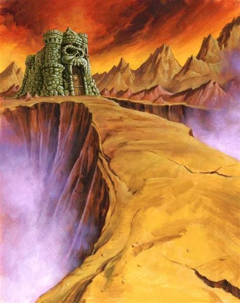 A Painting Of A Castle In The Middle Of A Desert With Mountains And