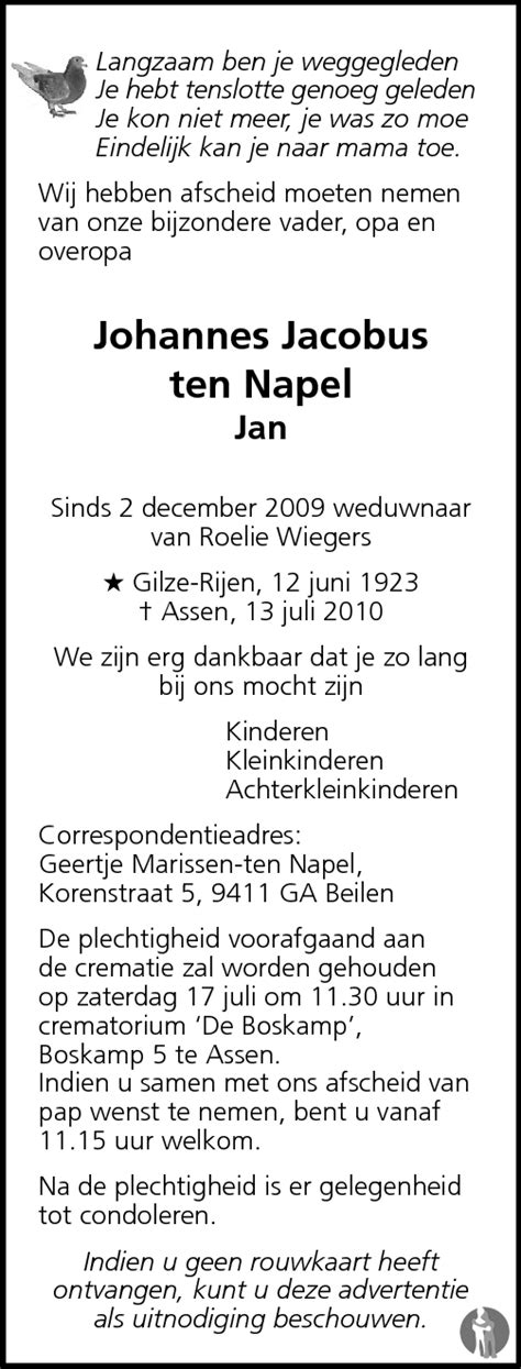 Johannes Jacobus Jan Ten Napel Overlijdensbericht En