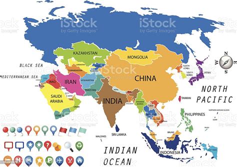 Ilustración De Colorido Mapa Del Continente De Asia Y Más Vectores