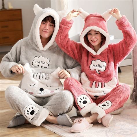 Julys Song Couple Pajama Sets Flannel Winter Pajamas Long Sleeve Full Trousers Cute Warm Thick