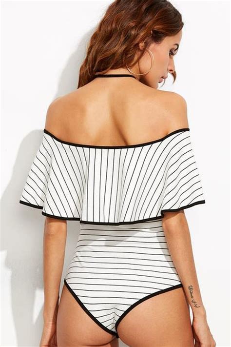 Hualong Halter Stripe Ruffle One Piece Swimsuit Online Store For Women Sexy Dresses