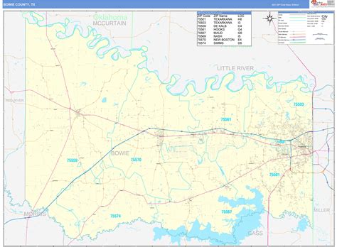 Bowie County Tx Zip Code Wall Map Basic Style By Marketmaps
