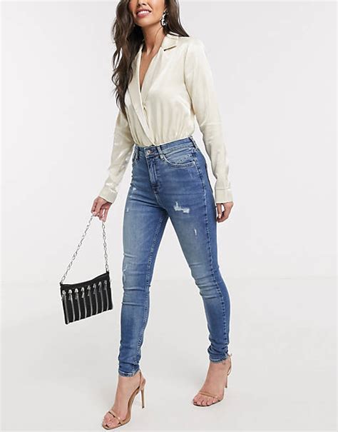 River Island Hailey Mid Rise Skinny Jeans Mid Auth Blue Asos