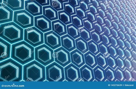 Glowing Black And Blue Hexagons Background Pattern On Silver Metal
