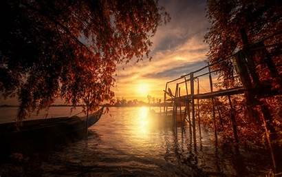 Dock Lake Autumn Sunset Fall Night Boat