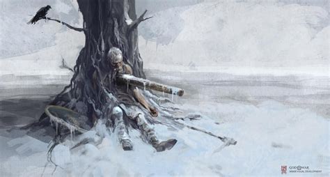 God Of War Visual Development Mimir Pinned To A Tree By Odins Spear