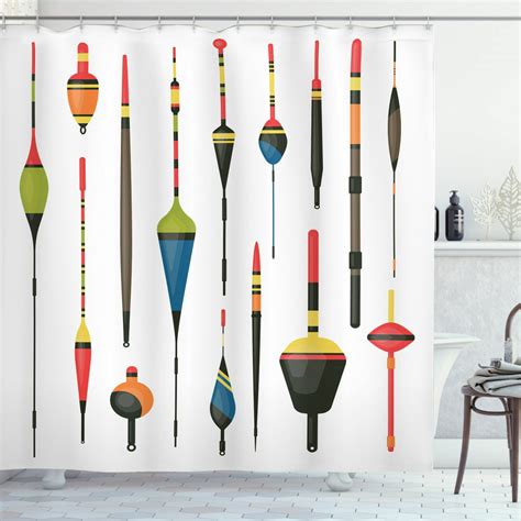 Fishing Theme Shower Curtain Colorful Fisherman Rods And Plastic Fish
