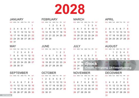 Vetores De Calendário 2028 Modelo Vetor Design Mínimo Simples Planner