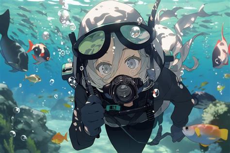 Scuba Diving Anime Girl In A Suit With A Mask On Her Head Stock