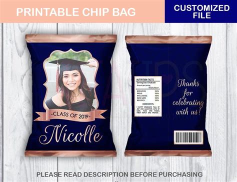 Personalized Prom Favor Chip Bag Graduation Potato Chip Bag Gold Rose And Navy Blue Colors